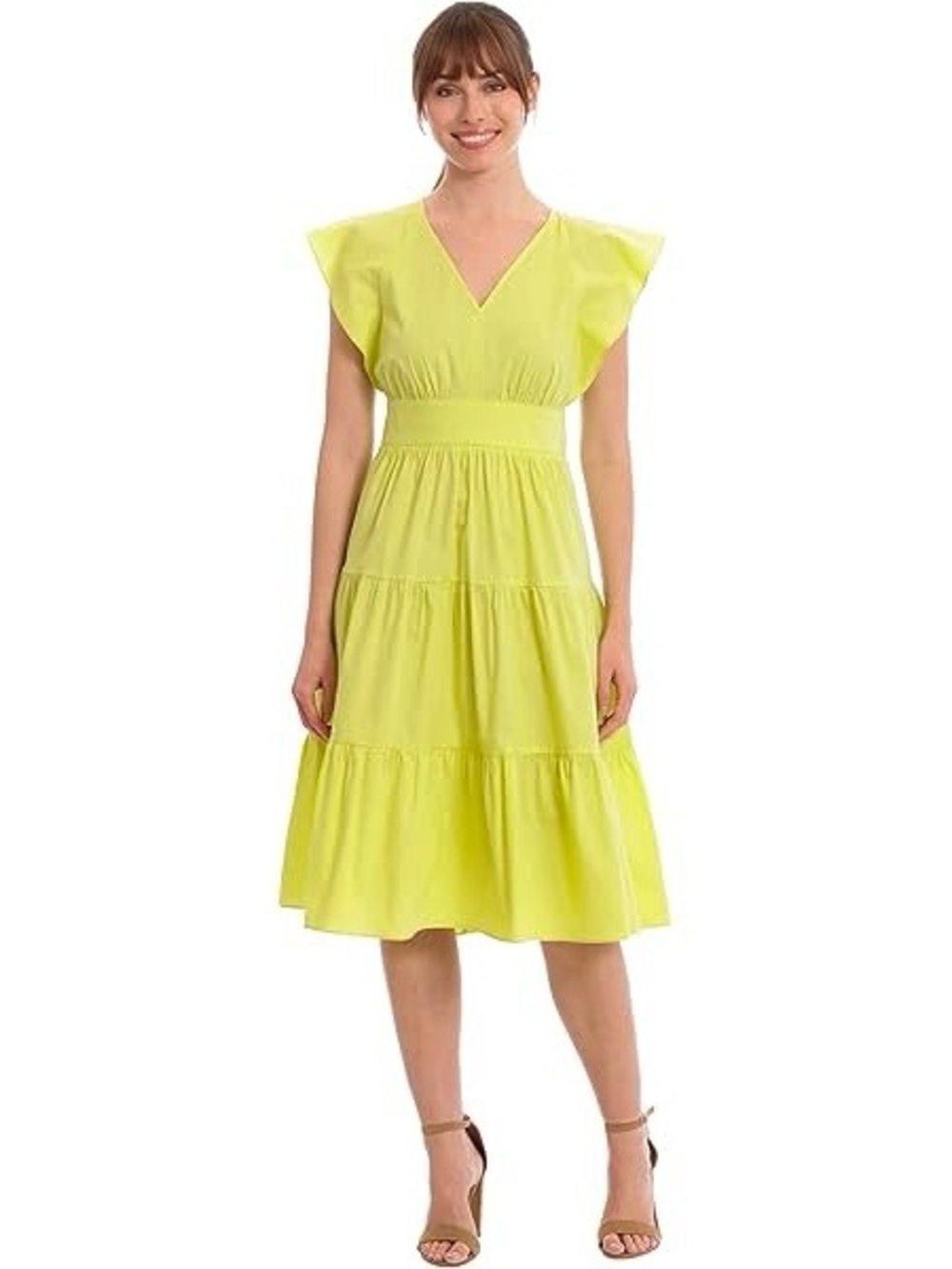 London Times Flutter Sleeve Tiered Midi Dress